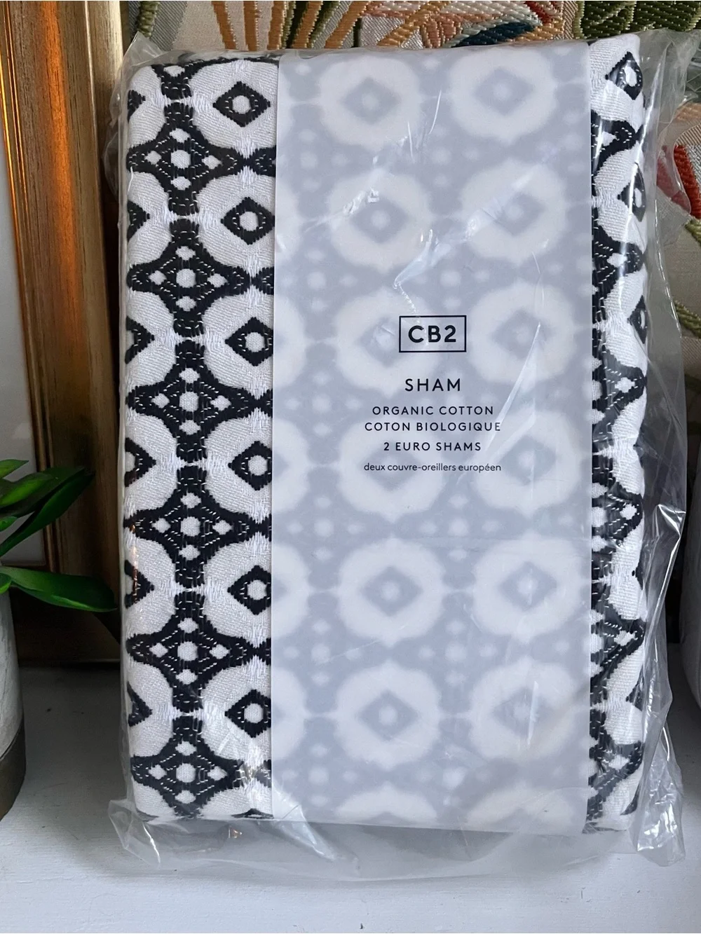 CB2 Melina Organic Cotton Black And Warm White Euro sham set of 2 new